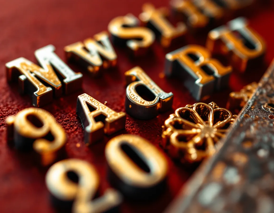 Metal letterpress type arranged in a composing stick under warm light.